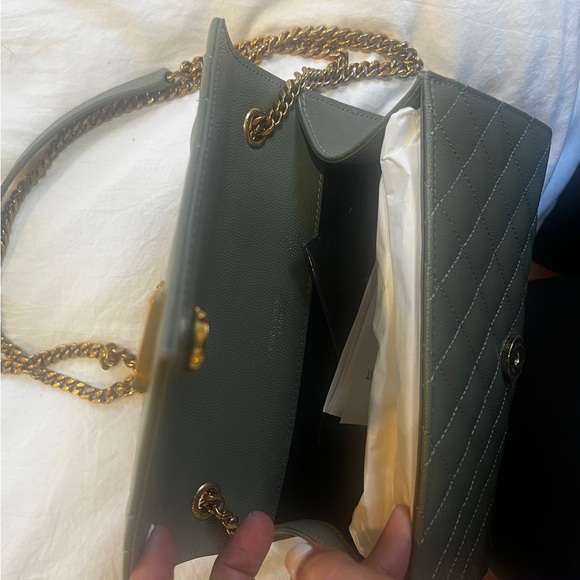 Saint Laurent Monogram Quilted Leather Envelope Shoulder Bag in Sage Green - Picture 2 of 5